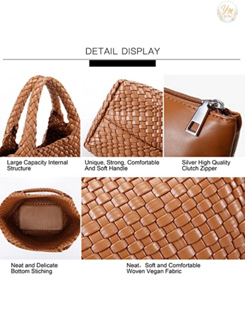 Vegan Leather Woven Tote Handbag for Women - Handmade Shoulder Satchel Purse - Picture 4 of 6